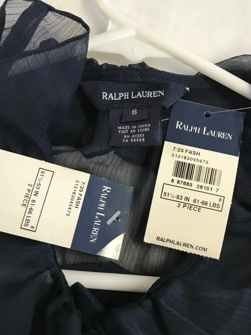 Ralph Lauren Girls Navy Ruffle Chiffon Top 2-Piece Set Size 8 NWT Cami Included